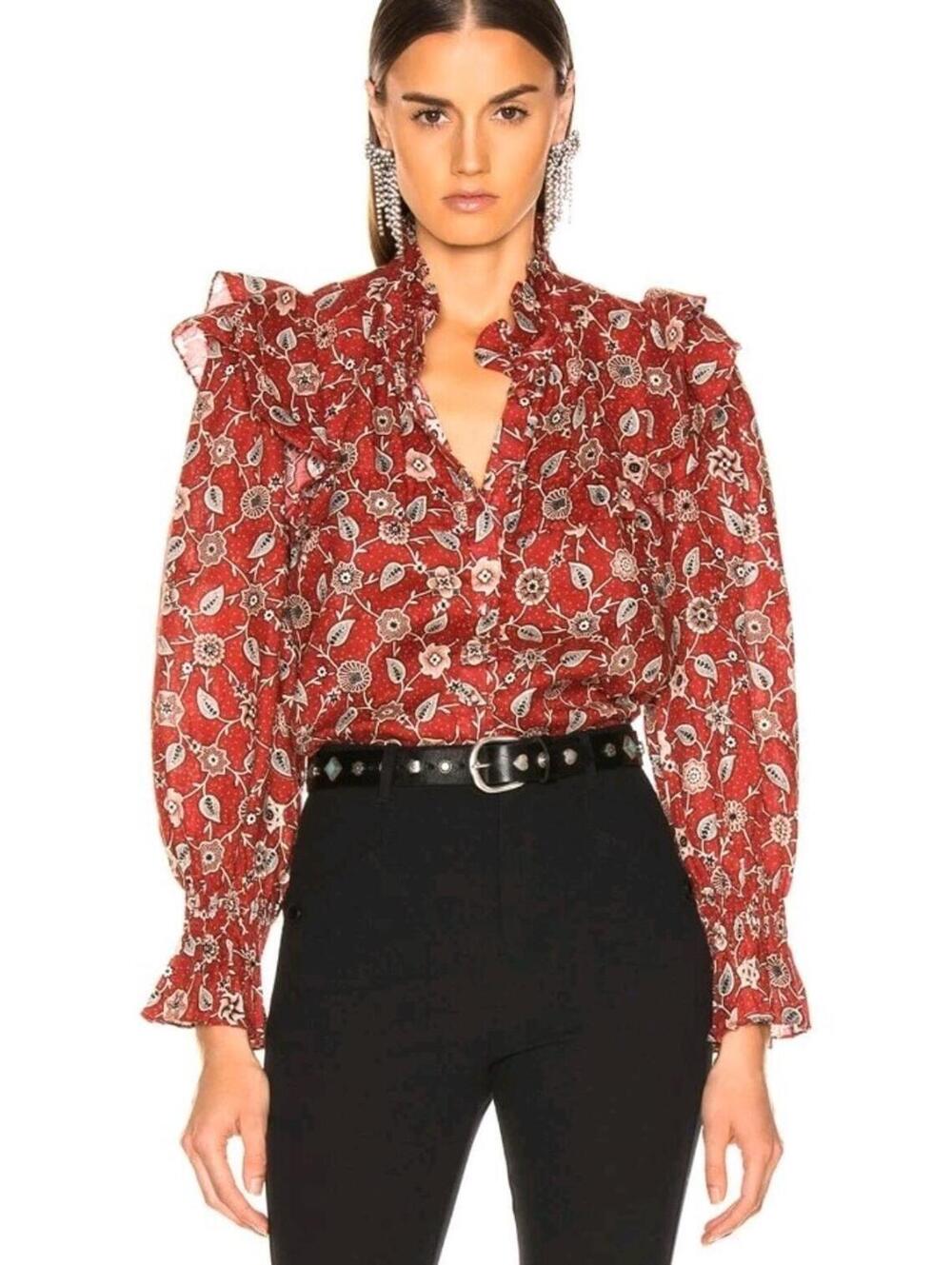 NWT Isabel Marant Etoile Women's Linen Blouse Red Floral Ruffle Button Sz 34